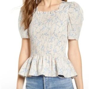 Rachel Parcell Floral Smocked Puff Sleeve Peplum Top - Blue and Pink